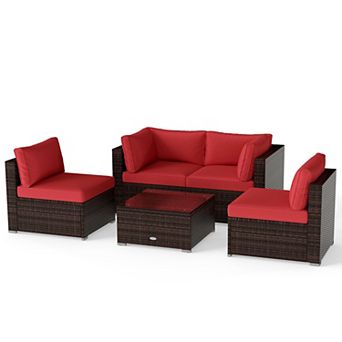Costway 5 pc Patio Rattan Furniture Set Cushioned Sofa Chair Coffee Table