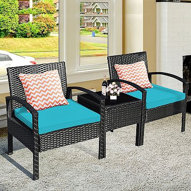Costway 3PCS Patio Rattan Furniture Set Table Conversation Sofa Cushioned