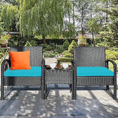Costway 3PCS Patio Rattan Furniture Set Table Conversation Sofa Cushioned