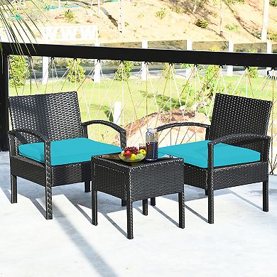 Costway 3PCS Patio Rattan Furniture Set Table Conversation Sofa Cushioned