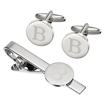Initial Men Cufflinks and Tie Clip Bar Set, Engraved Alphabet Initial Cuff Links and Necktie Bar Kit