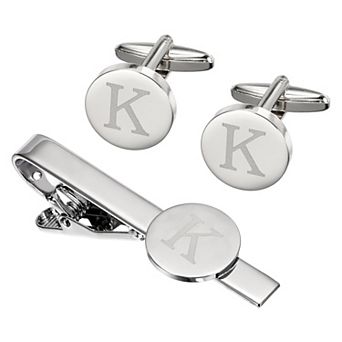 Initial Men Cufflinks and Tie Clip Bar Set, Engraved Alphabet Initial Cuff Links and Necktie Bar Kit