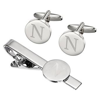Initial Men Cufflinks and Tie Clip Bar Set, Engraved Alphabet Initial Cuff Links and Necktie Bar Kit