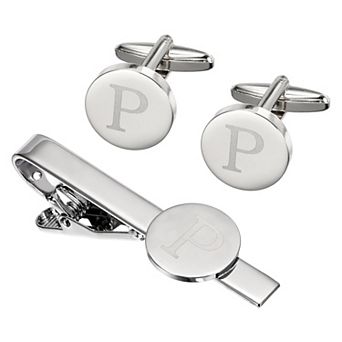 Initial Men Cufflinks and Tie Clip Bar Set, Engraved Alphabet Initial Cuff Links and Necktie Bar Kit