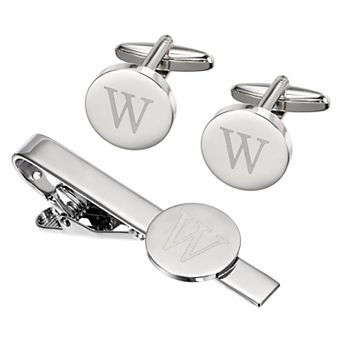 Initial Men Cufflinks and Tie Clip Bar Set, Engraved Alphabet Initial Cuff Links and Necktie Bar Kit