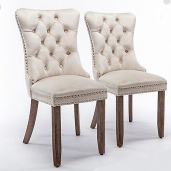 2 pc Velvet Tufted Dining Chairs Set, Solid Wood Legs with Nailhead Trim, Modern High-Back Design