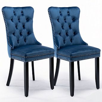 2 pc Velvet Tufted Dining Chairs Set, Solid Wood Legs with Nailhead Trim, Modern High-Back Design