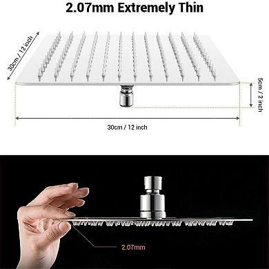 12 Inch Chrome Rain Shower Head, Square Ultra Thin 304 Stainless Steel High Pressure