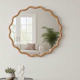 24 inch Wavy Round Solid Wood Frame Decorative Mirror,For Bedroom, Bathroom, Living Room, Entryway