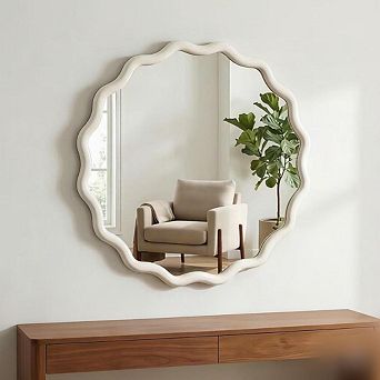 24 inch Wavy Round Solid Wood Frame Decorative Mirror,For Bedroom, Bathroom, Living Room, Entryway