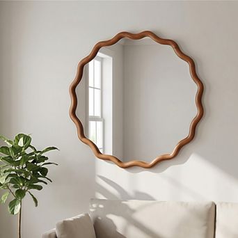 24 inch Wavy Round Solid Wood Frame Decorative Mirror,For Bedroom, Bathroom, Living Room, Entryway