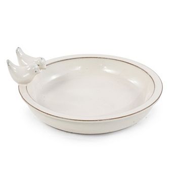 11.8" Handmade Ceramic Bird Bath Bowl with Ornament, Outdoor Garden Décor