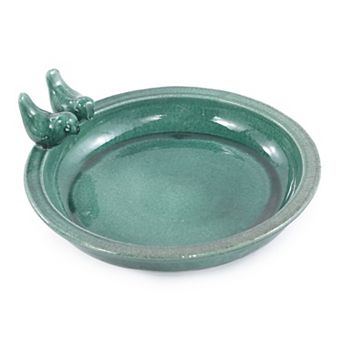 11.8" Handmade Ceramic Bird Bath Bowl with Ornament, Outdoor Garden Décor