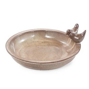 11.8" Handmade Ceramic Bird Bath Bowl with Ornament, Outdoor Garden Décor