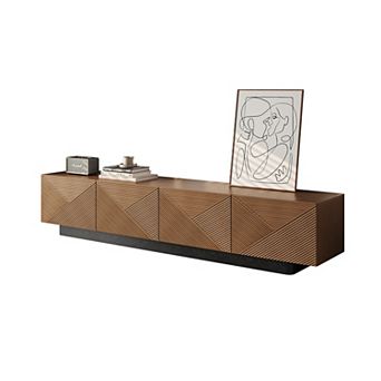 78.74 Inch Walnut Tone Textured TV Stand, 4 Door Modern Media Console with 3D Diagonal Fluted Cabine