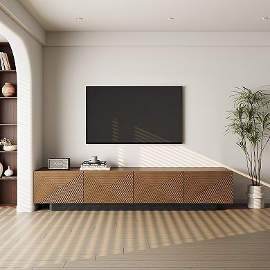 78.74 Inch Walnut Tone Textured TV Stand, 4 Door Modern Media Console with 3D Diagonal Fluted Cabine