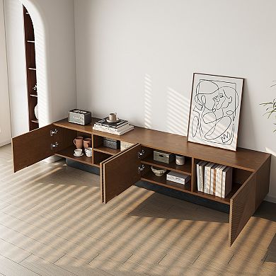78.74 Inch Walnut Tone Textured TV Stand, 4 Door Modern Media Console with 3D Diagonal Fluted Cabine