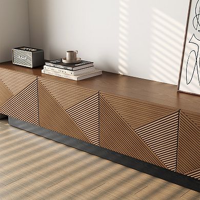 78.74 Inch Walnut Tone Textured TV Stand, 4 Door Modern Media Console with 3D Diagonal Fluted Cabine