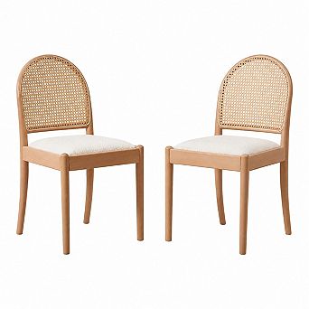 Heybly Set of 2 Rattan Dining Chairs, Upholstered Linen Chairs with Wood Legs & Cane Backrest