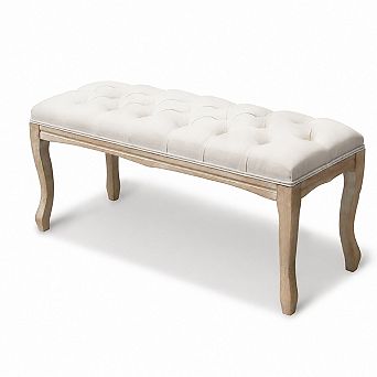 Heybly 43.3" French Vintage Tufted Bedroom Bench with Linen Seat & Carved Wood Legs