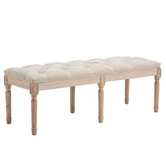 Heybly 43.3" French Vintage Tufted Bedroom Bench with Linen Seat & Carved Wood Legs