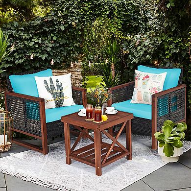 Costway 3PCS Patio Wicker Furniture Set Solid Wood Frame Cushion Sofa w/ Square Table Shelf