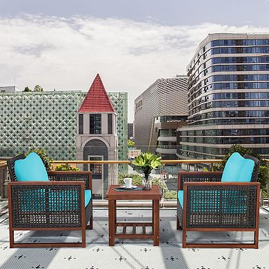 Costway 3PCS Patio Wicker Furniture Set Solid Wood Frame Cushion Sofa w/ Square Table Shelf