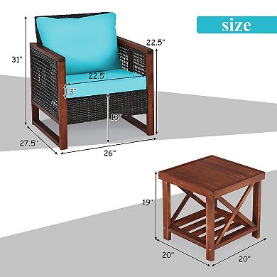 Costway 3PCS Patio Wicker Furniture Set Solid Wood Frame Cushion Sofa w/ Square Table Shelf
