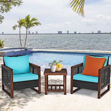 Costway 3PCS Patio Wicker Furniture Set Solid Wood Frame Cushion Sofa w/ Square Table Shelf
