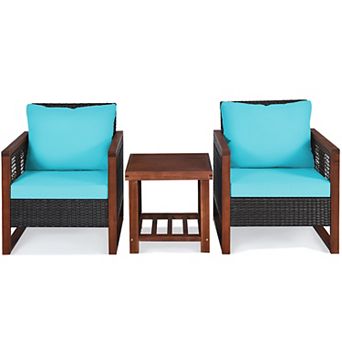 Costway 3 pc Patio Wicker Furniture Set Solid Wood Frame Cushion Sofa w/ Square Table Shelf