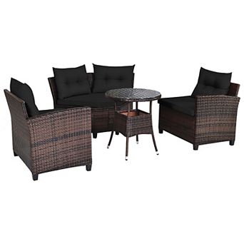 Costway 4 pc Outdoor Patio Rattan Furniture Set Cushioned Sofa Table
