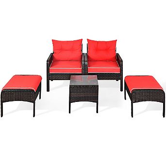 Costway 5 pc Patio Rattan Furniture Set Sofa Ottoman Table Cushioned Yard