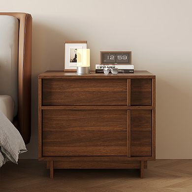 Wooden 2 Drawer Nightstand, Mid-Century Modern Bedside Table