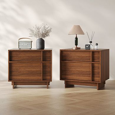 Wooden 2 Drawer Nightstand, Mid-Century Modern Bedside Table