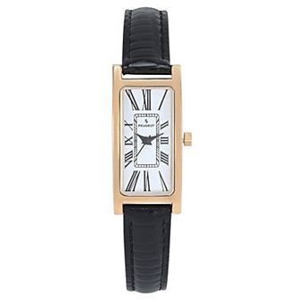 Peugeot Women's 35x18mm 14K Gold-Plated Rectangular Roman Numeral Watch with Leather Strap