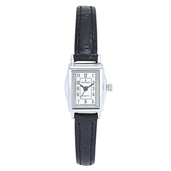 Peugeot Women's Vintage Rectangular Silver Case Small Face Watch with Leather Strap