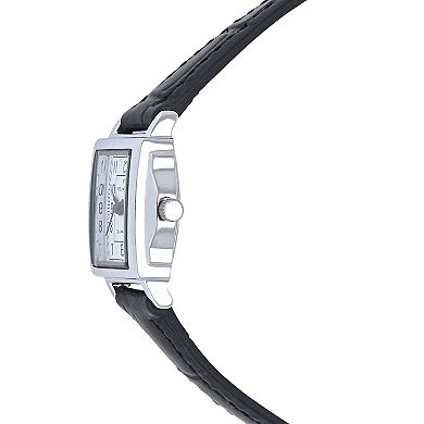 Peugeot Women's Vintage Rectangular Silver Case Small Face Watch with Leather Strap