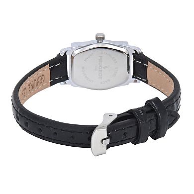 Peugeot Women's Vintage Rectangular Silver Case Small Face Watch with Leather Strap