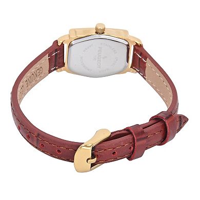 Peugeot Women's Vintage 14K Gold-Plated Rectangular Small Face Watch with Brown Leather Strap