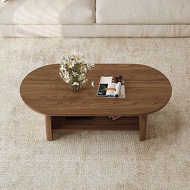 47 inch oval wooden coffee table with storage rack