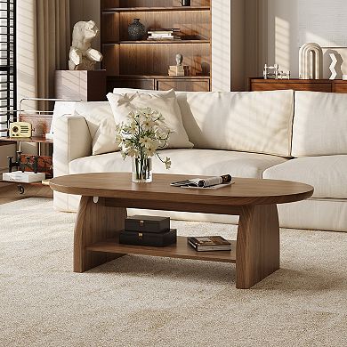 47 inch oval wooden coffee table with storage rack