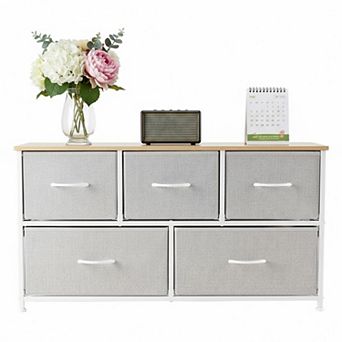 YIORTWO 5 Drawer Dresser with Wooden Top Fabric Storage Cabinet for Bedroom