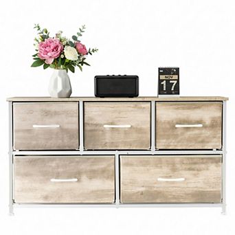 YIORTWO 5 Drawer Dresser with Wooden Top Fabric Storage Cabinet for Bedroom