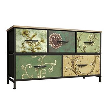 YIORTWO 5 Drawer Vintage Fabric Storage Dresser Waterproof Wood Top Steel Frame Cabinet