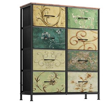 YIORTWO 8 Drawer Vintage Fabric Dresser Waterproof Wood Top Steel Frame Storage Cabinet