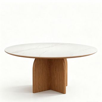 59 Inch Round Sintered Stone Dining Table, Modern Wooden Base Round Dinner Table for 4-6 People