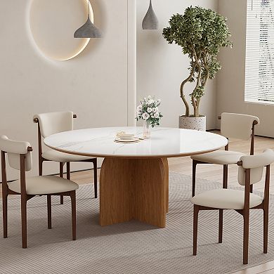 59 Inch Round Sintered Stone Dining Table, Modern Wooden Base Round Dinner Table for 4-6 People