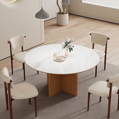 59 Inch Round Sintered Stone Dining Table, Modern Wooden Base Round Dinner Table for 4-6 People