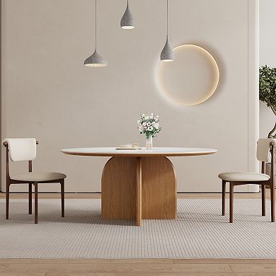 59 Inch Round Sintered Stone Dining Table, Modern Wooden Base Round Dinner Table for 4-6 People