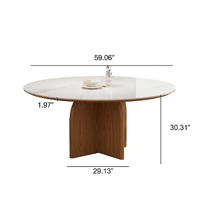 59 Inch Round Sintered Stone Dining Table, Modern Wooden Base Round Dinner Table for 4-6 People